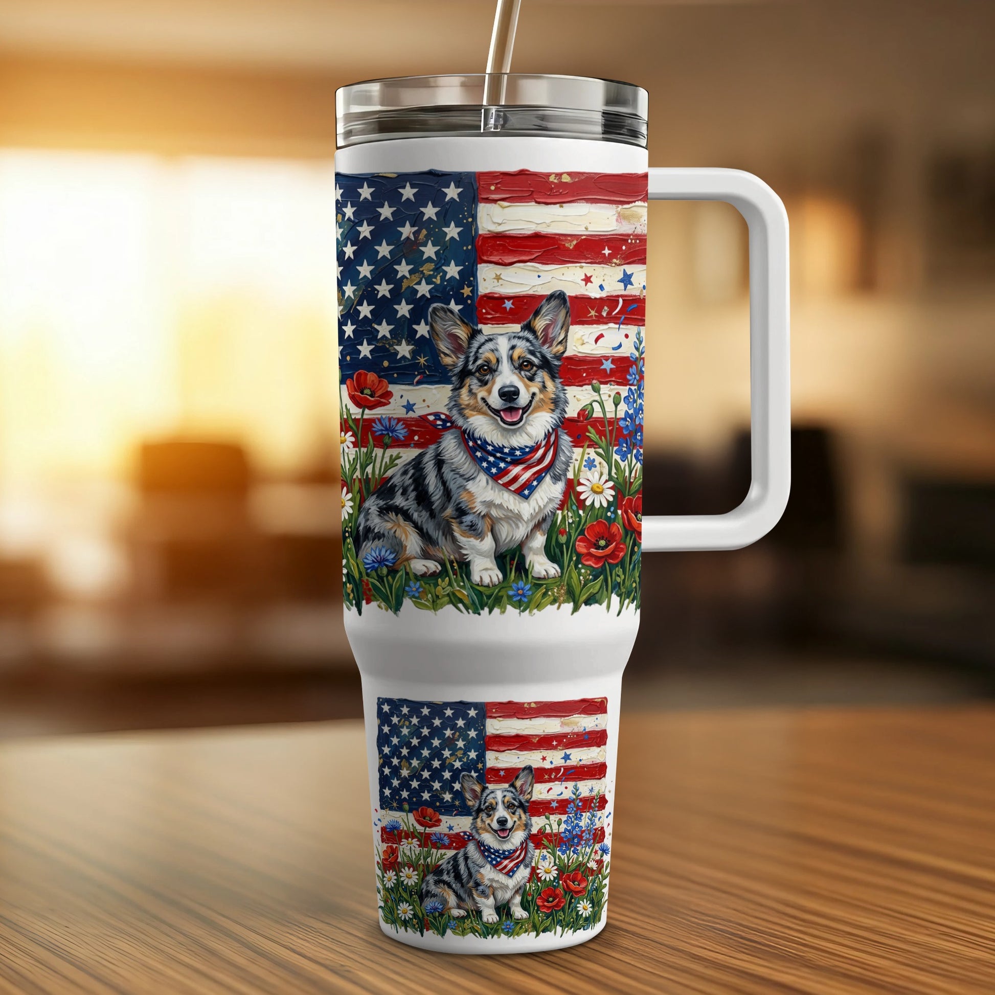 Corgi on American flag tumbler with poppies and blue flowers.