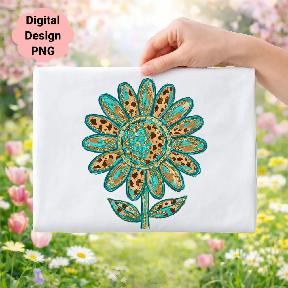 Cheetah print sunflower with glitter accents on white fabric.