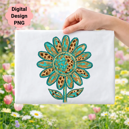 Cheetah print sunflower with glitter accents on white fabric.