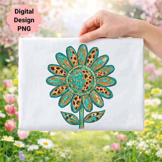 Cheetah print sunflower with glitter accents on white fabric.
