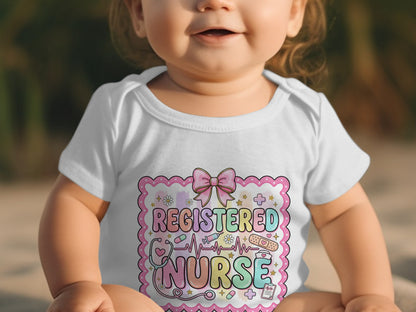 Baby in a white bodysuit with "Registered Nurse" text and medical icons.