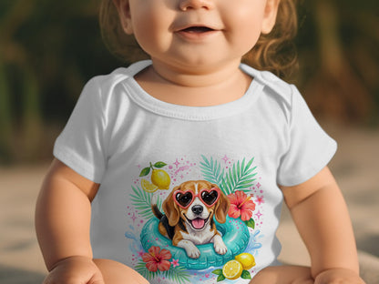 Baby wearing white onesie with beagle in inner tube graphic.