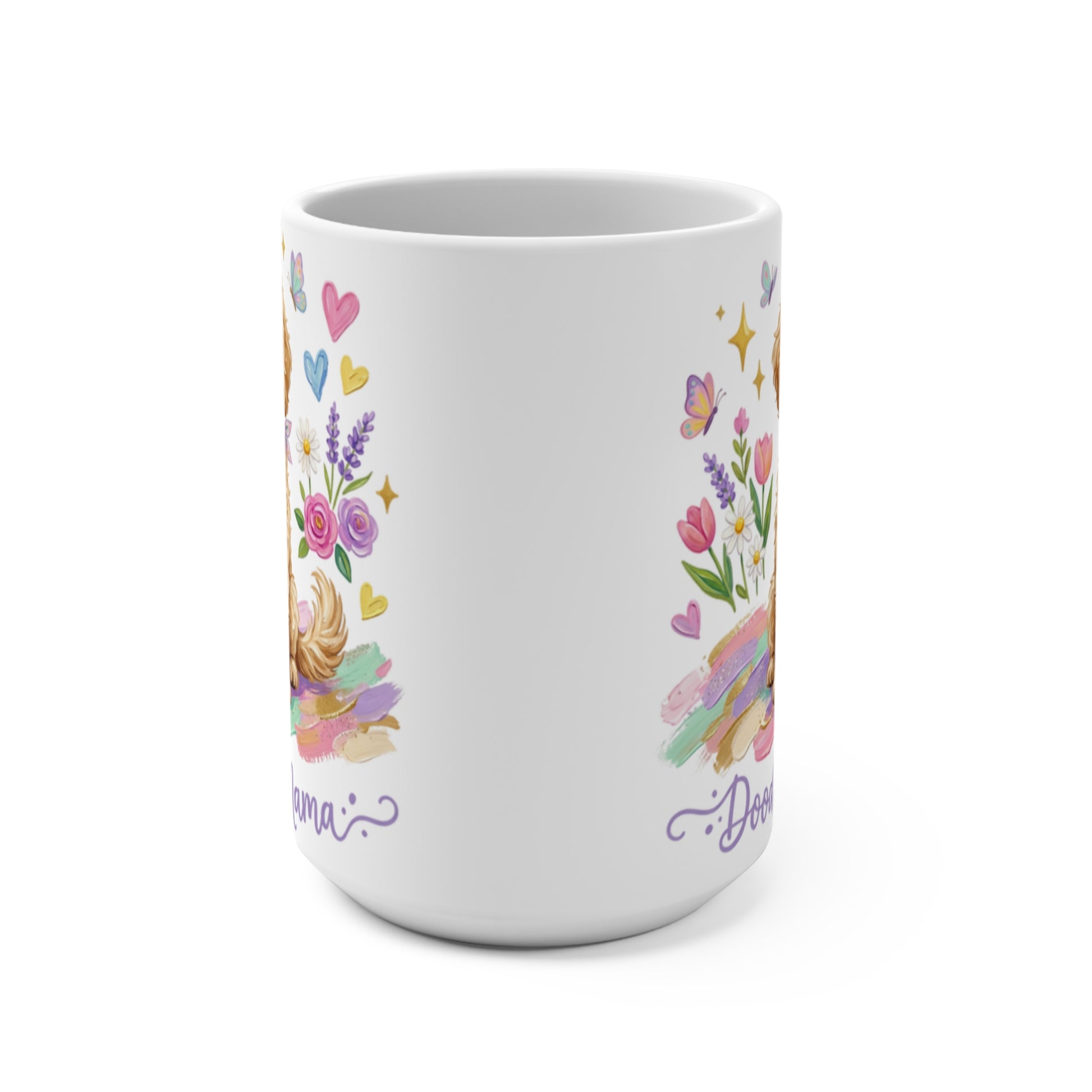 White mug with doodle dog and floral artwork.