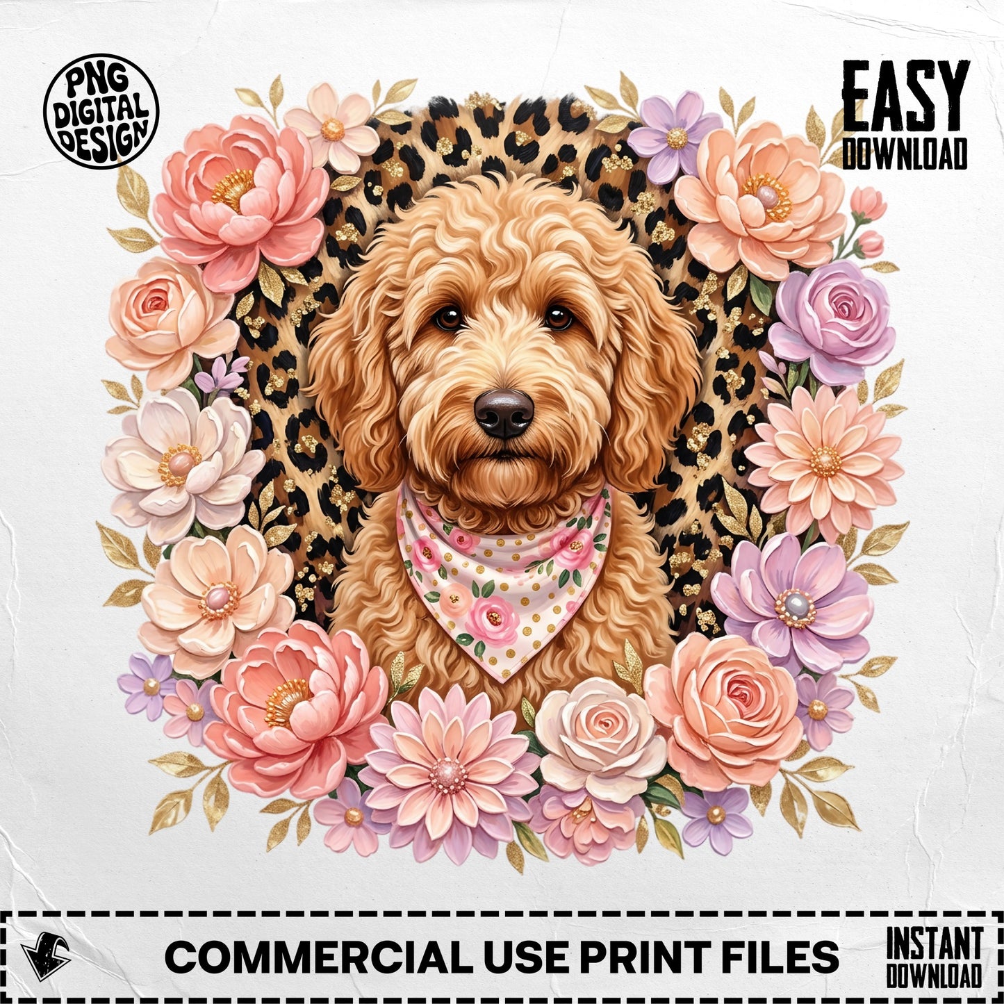 Goldendoodle dog wearing bandana, surrounded by floral wreath.
