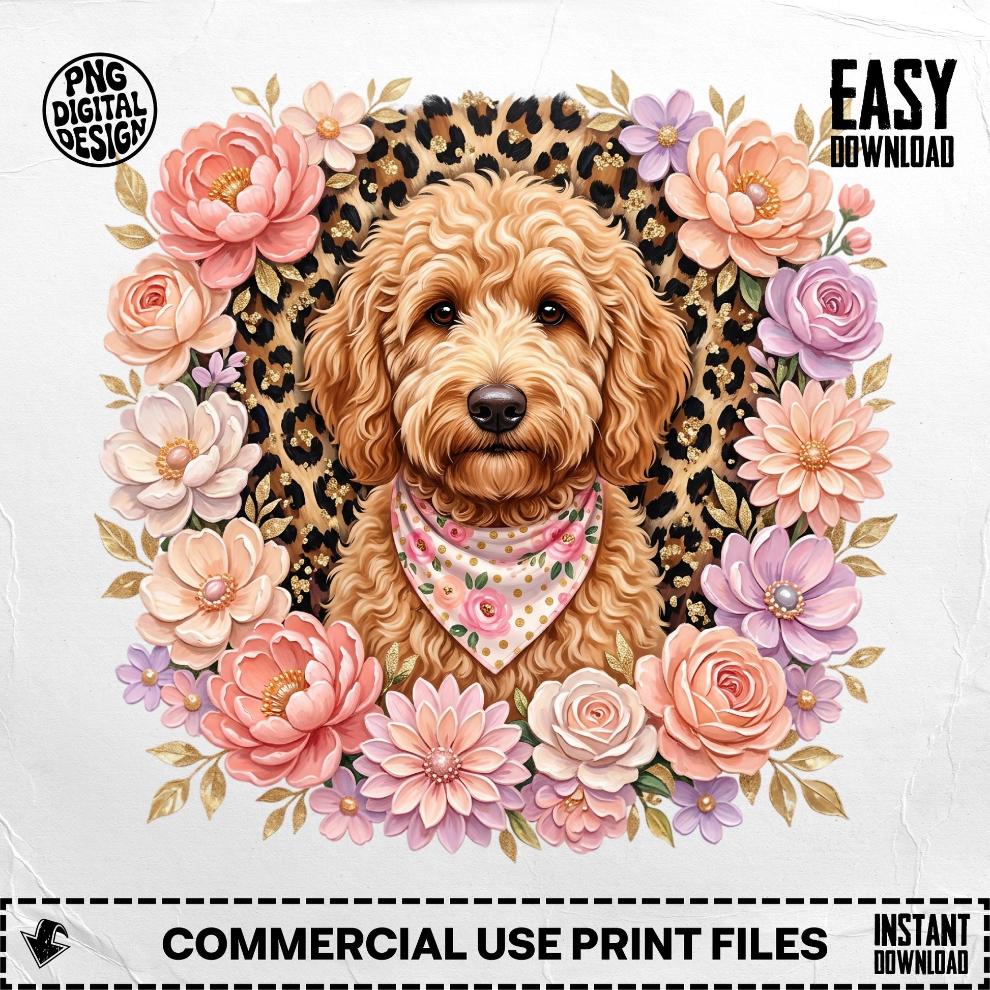 Goldendoodle dog wearing bandana, surrounded by floral wreath.