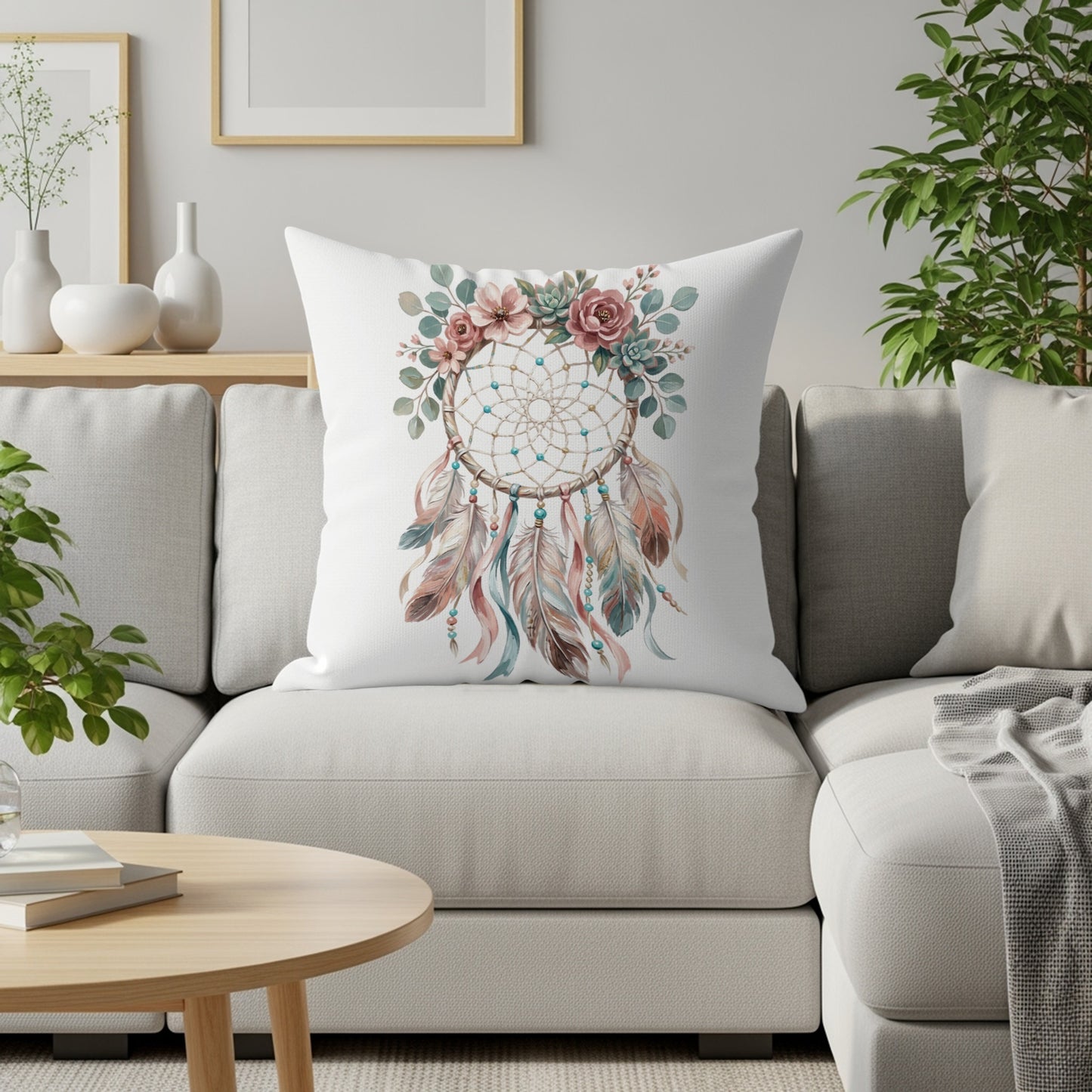 Dreamcatcher pillow with feathers, flowers, and succulents on a couch.
