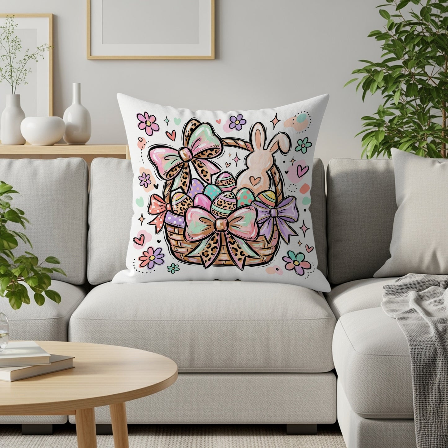Easter basket filled with colorful eggs and a bunny, surrounded by bows and flowers.