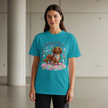 Teal t-shirt with dachshund mom graphic featuring a dog, flowers, and hearts.