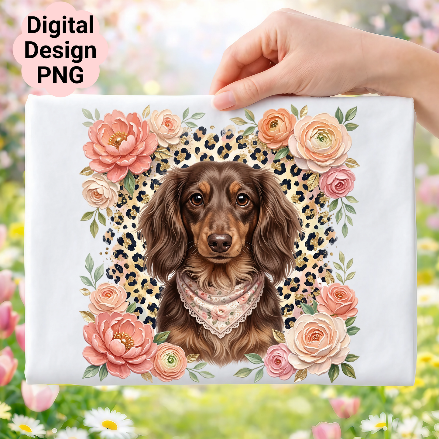 Dachshund wearing a bandana surrounded by floral and leopard print border.