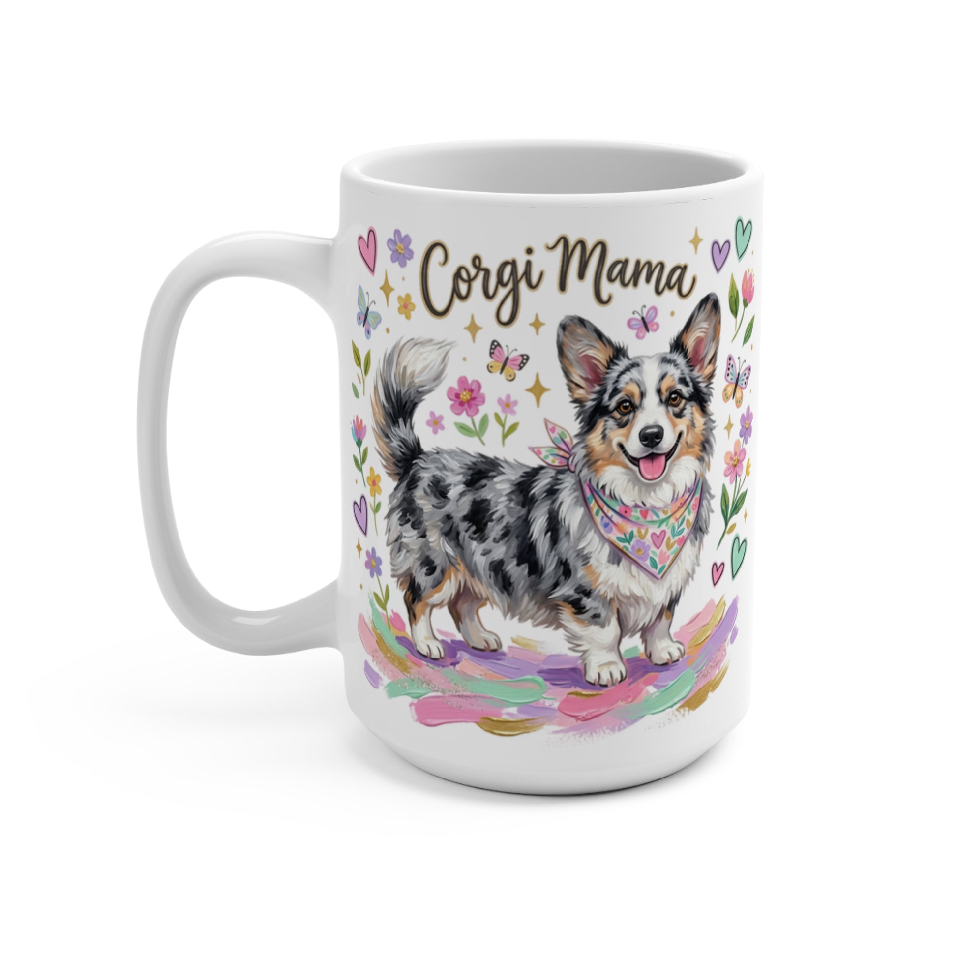 White mug with "Corgi Mama" text and a watercolor corgi illustration.