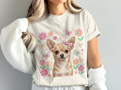 Chihuahua wearing pink bow with floral and butterfly border.