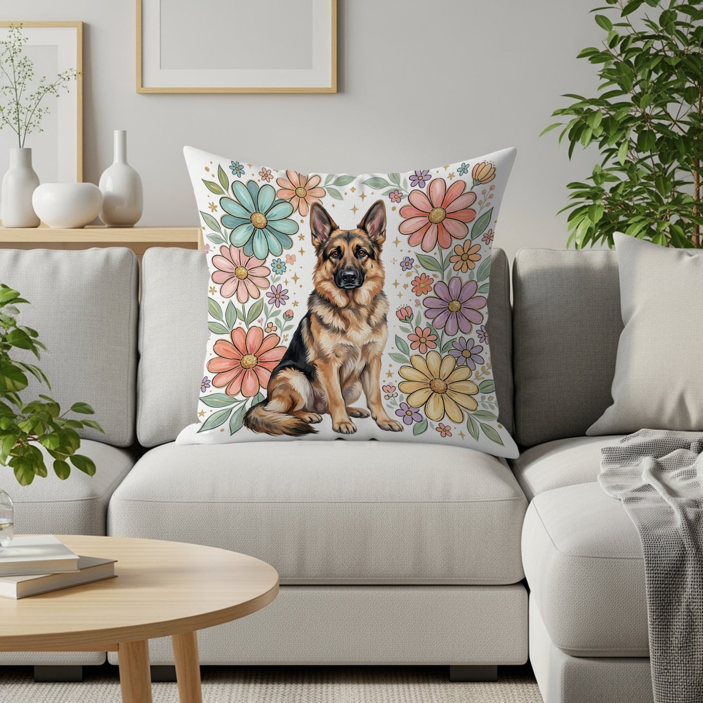 German Shepherd on a pillow with pastel flowers and leaves.