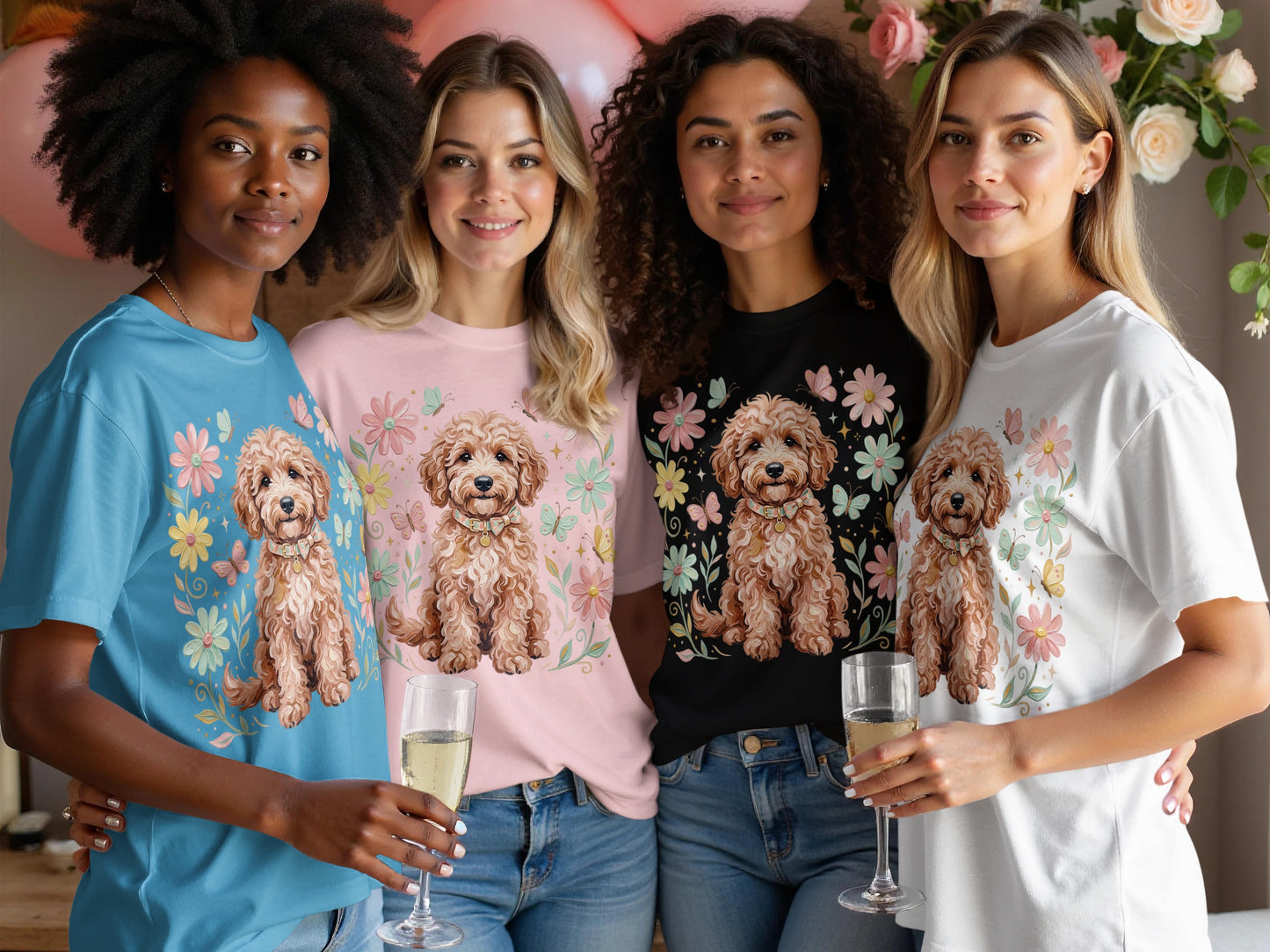 Four women in pastel t-shirts featuring dog and flower graphics.