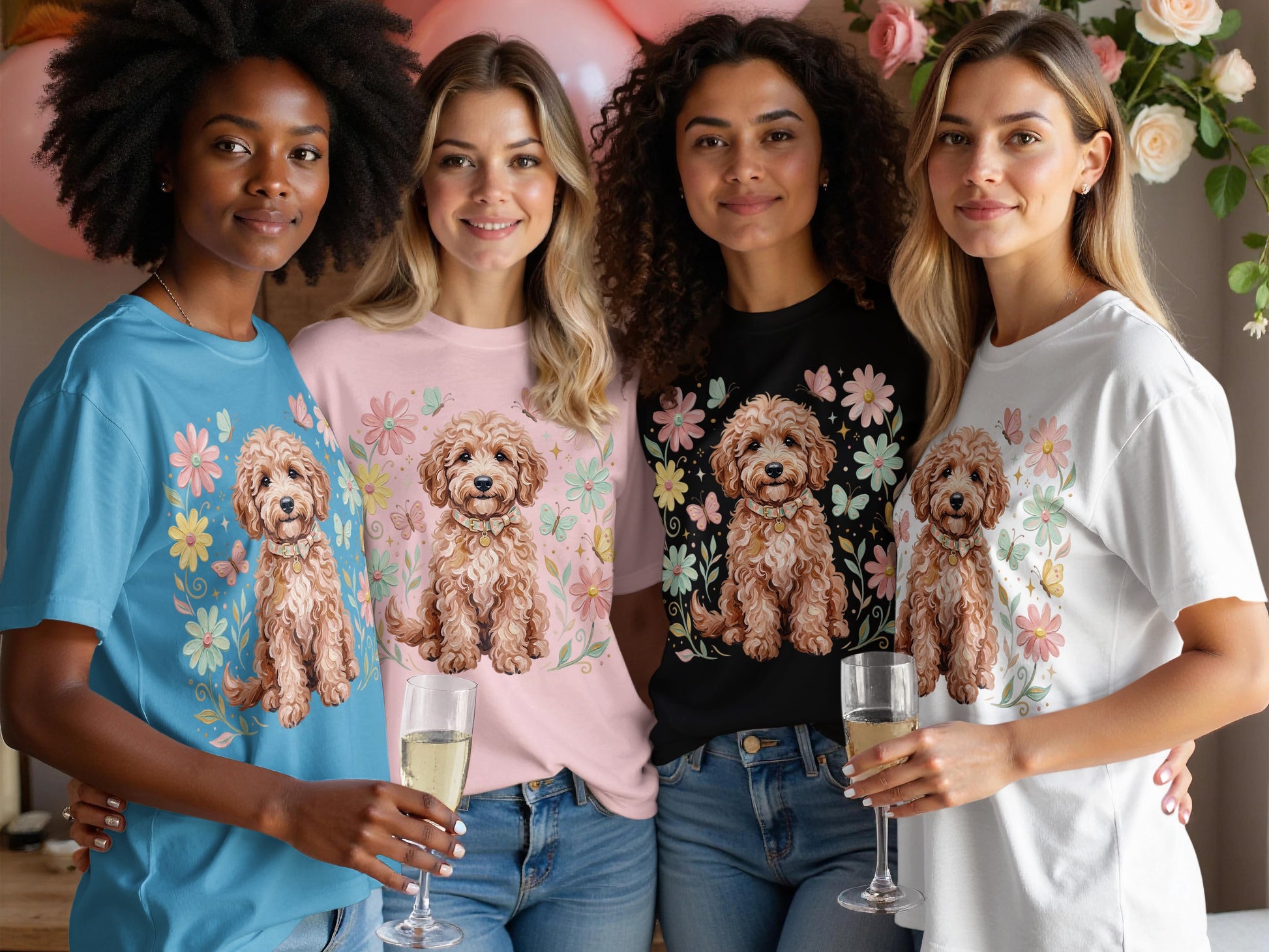 Four women in pastel t-shirts featuring dog and flower graphics.
