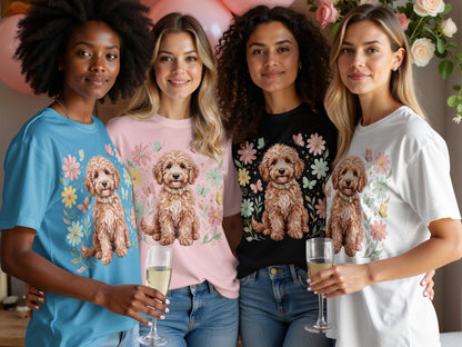 Four women in pastel t-shirts featuring dog and flower graphics.