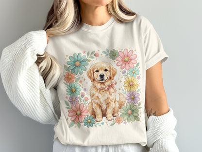 Golden retriever puppy with bow in floral frame.