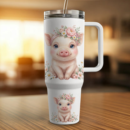 Two tumblers featuring a smiling piglet wearing a floral headband.