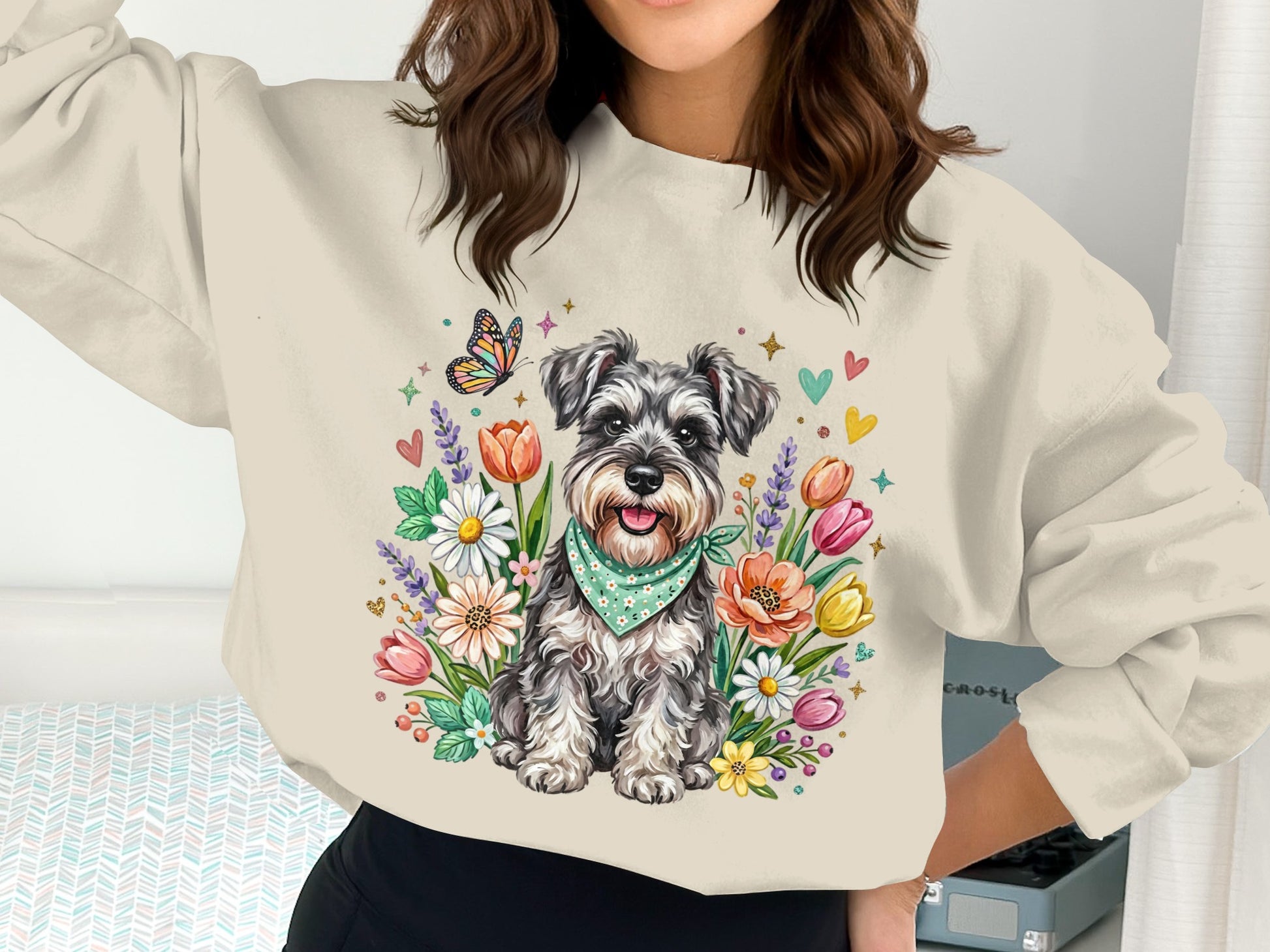Miniature schnauzer with butterfly and flowers on crewneck sweatshirt.