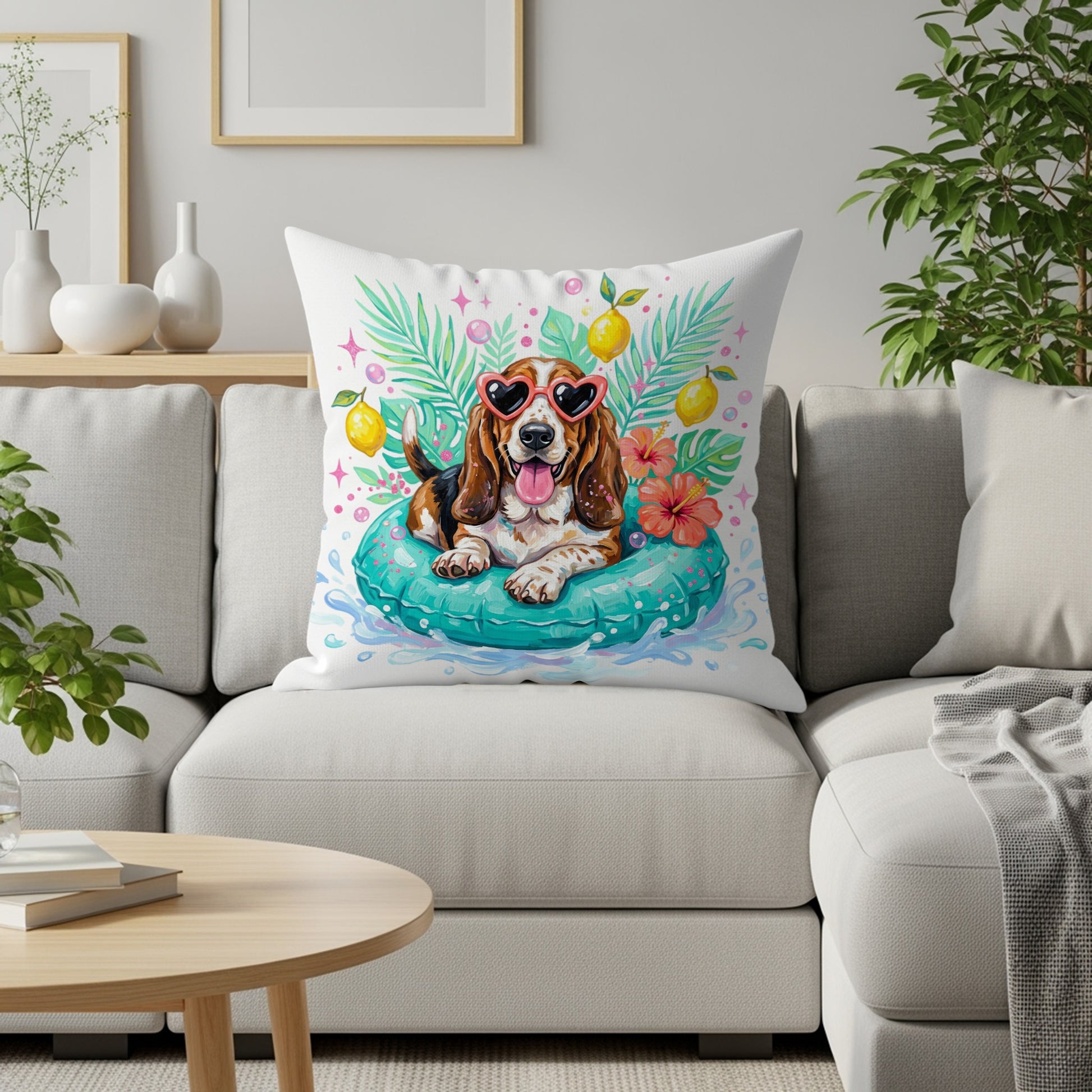 Beagle dog wearing heart sunglasses on an inner tube with lemons and flowers.
