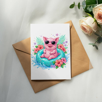 Cartoon pig wearing sunglasses floats in an inner tube surrounded by flowers.