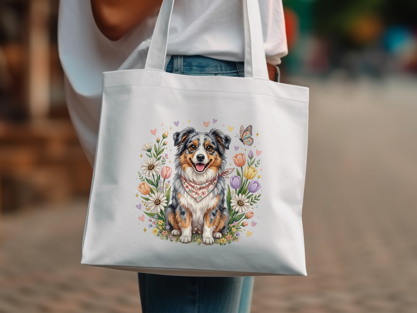 Aussie Shepherd dog with flowers and butterflies on a white tote bag.
