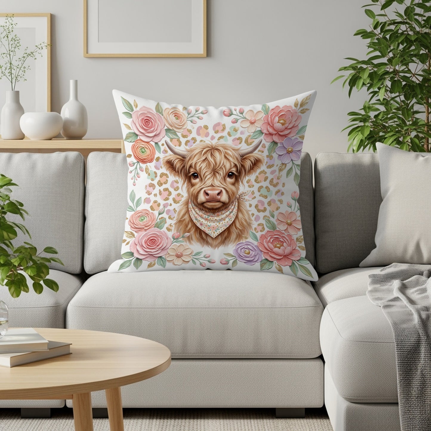 Highland cow wearing bandana surrounded by pink and purple flowers on pillow.