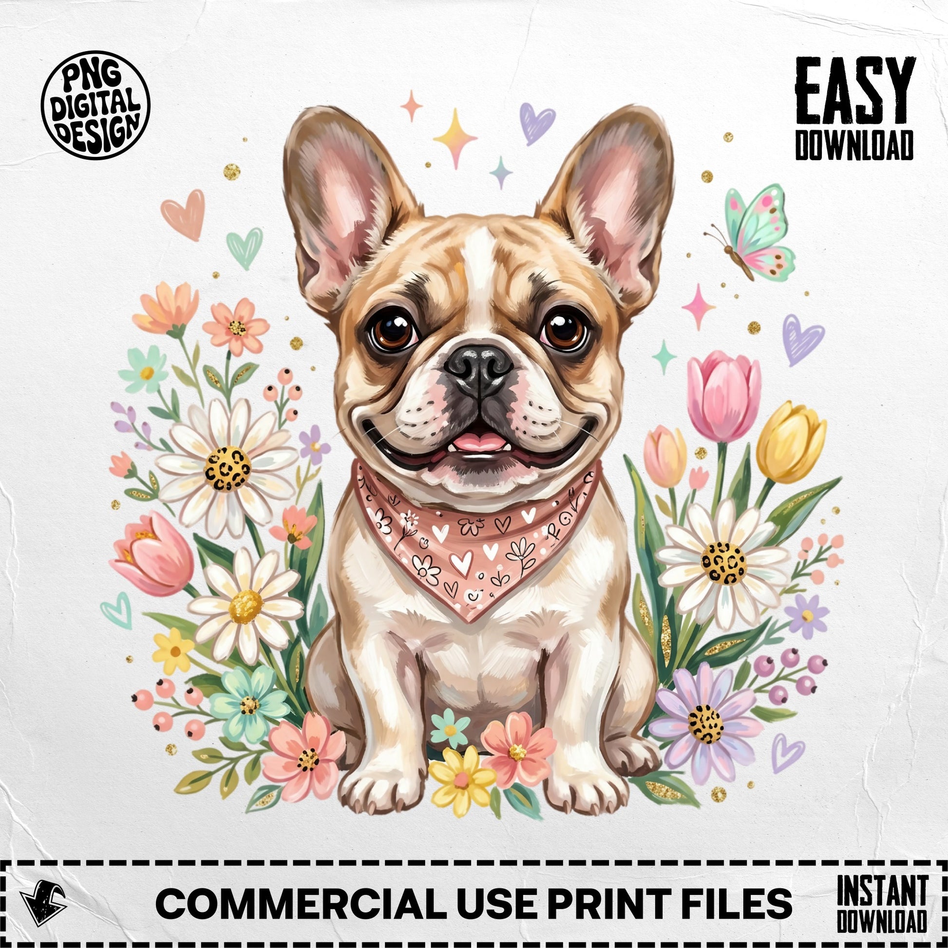 French bulldog surrounded by colorful flowers and butterflies.