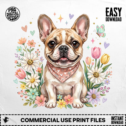 French bulldog surrounded by colorful flowers and butterflies.