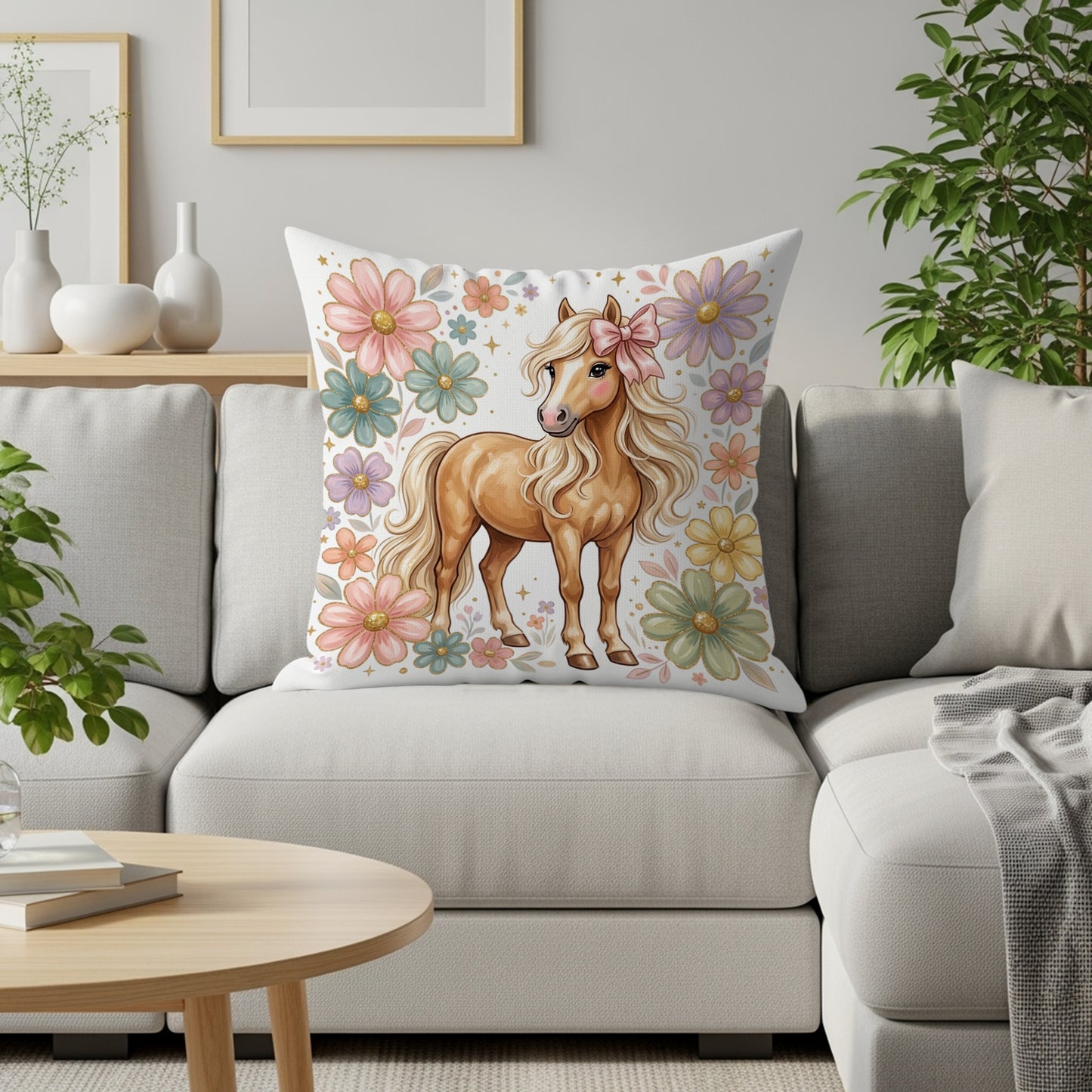 Illustration of a tan pony wearing a pink bow, surrounded by pastel flowers.