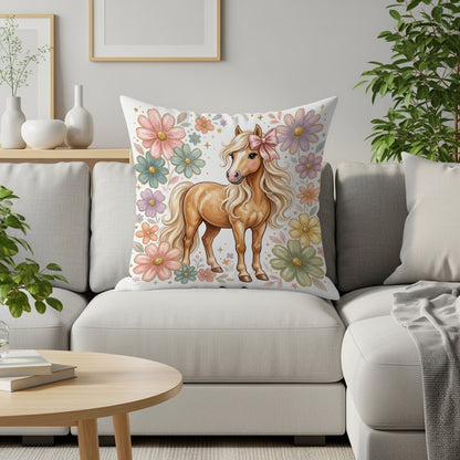 Illustration of a tan pony wearing a pink bow, surrounded by pastel flowers.