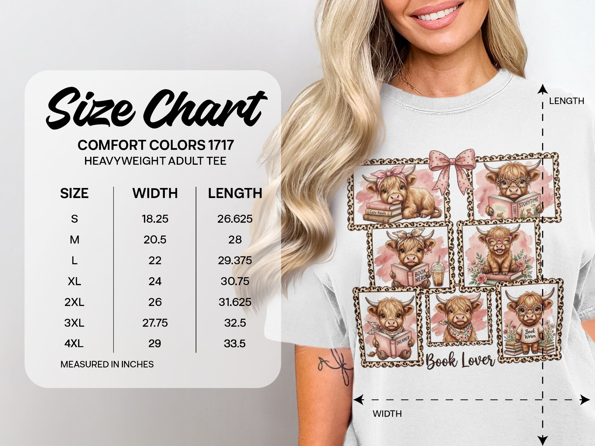 Size chart for Comfort Colors 1717 Heavyweight Adult Tee with measurements.