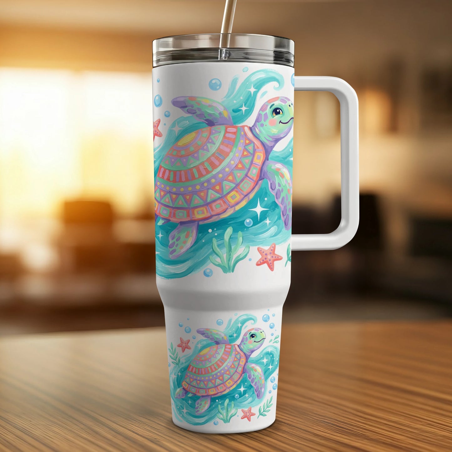 White tumbler with cartoon sea turtles and starfish design.