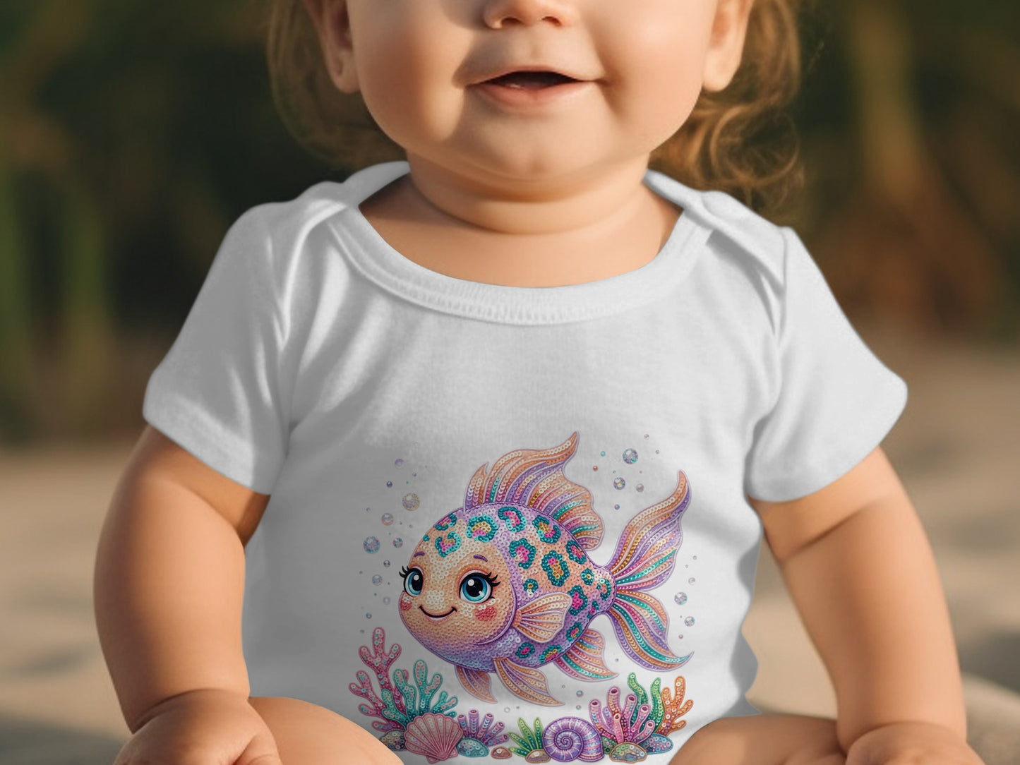 Baby wearing white onesie with colorful cartoon fish and shells design.