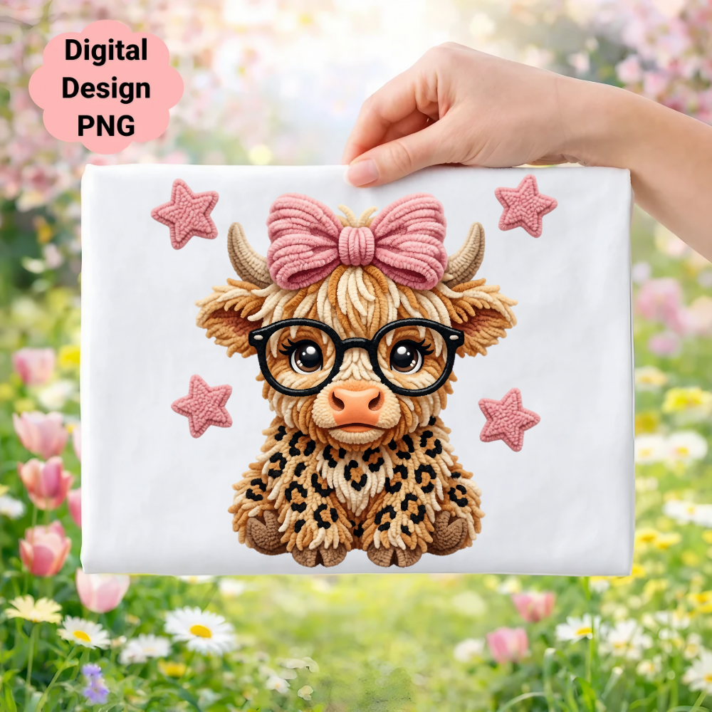 Fluffy highland cow with glasses and leopard print, pink bow, and stars.