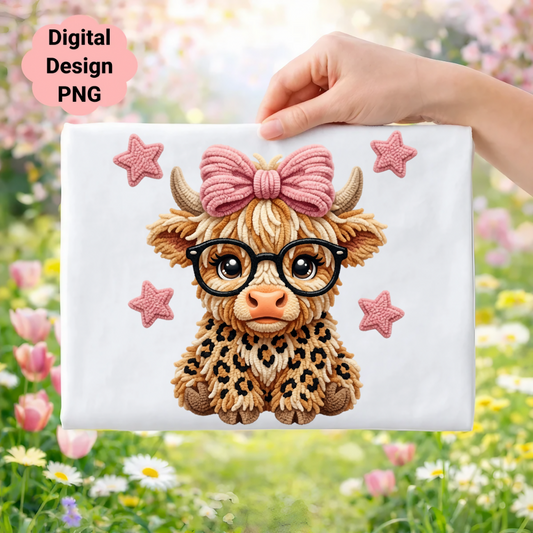 Fluffy highland cow with glasses and leopard print, pink bow, and stars.