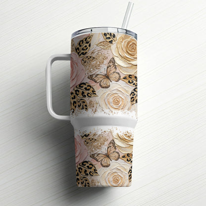 White tumbler with a floral and leopard print design and a straw.