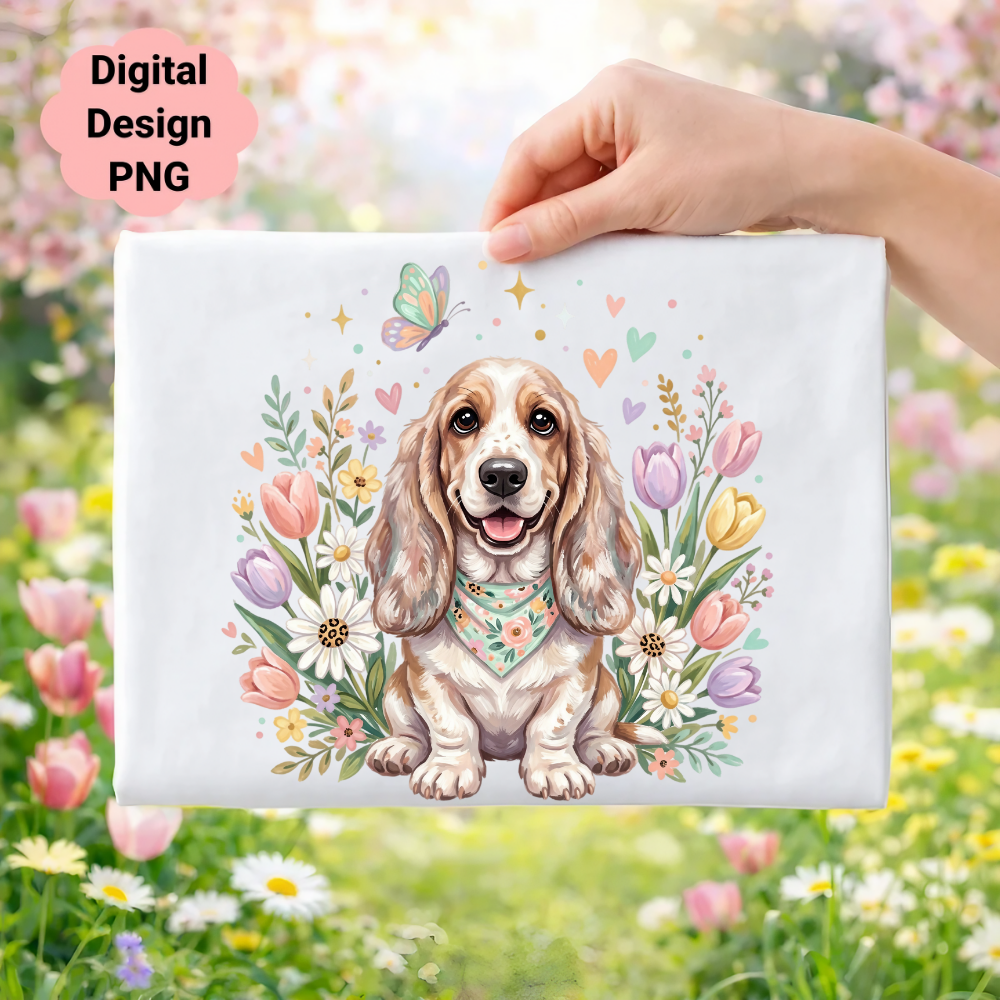 Basset Hound with flowers and butterflies, "Digital Design PNG" text.