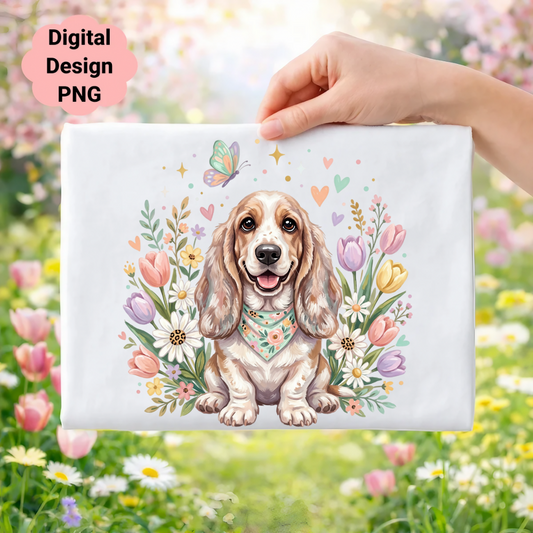 Basset Hound with flowers and butterflies, "Digital Design PNG" text.