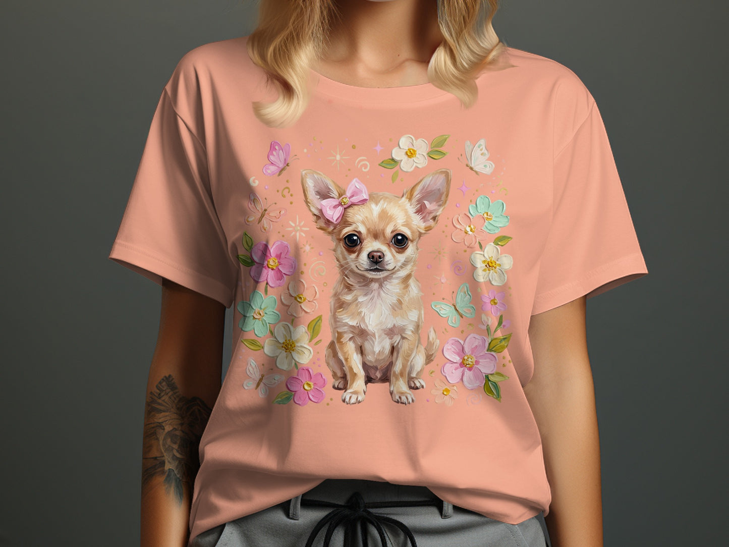 Chihuahua wearing a pink bow, surrounded by flowers and butterflies.