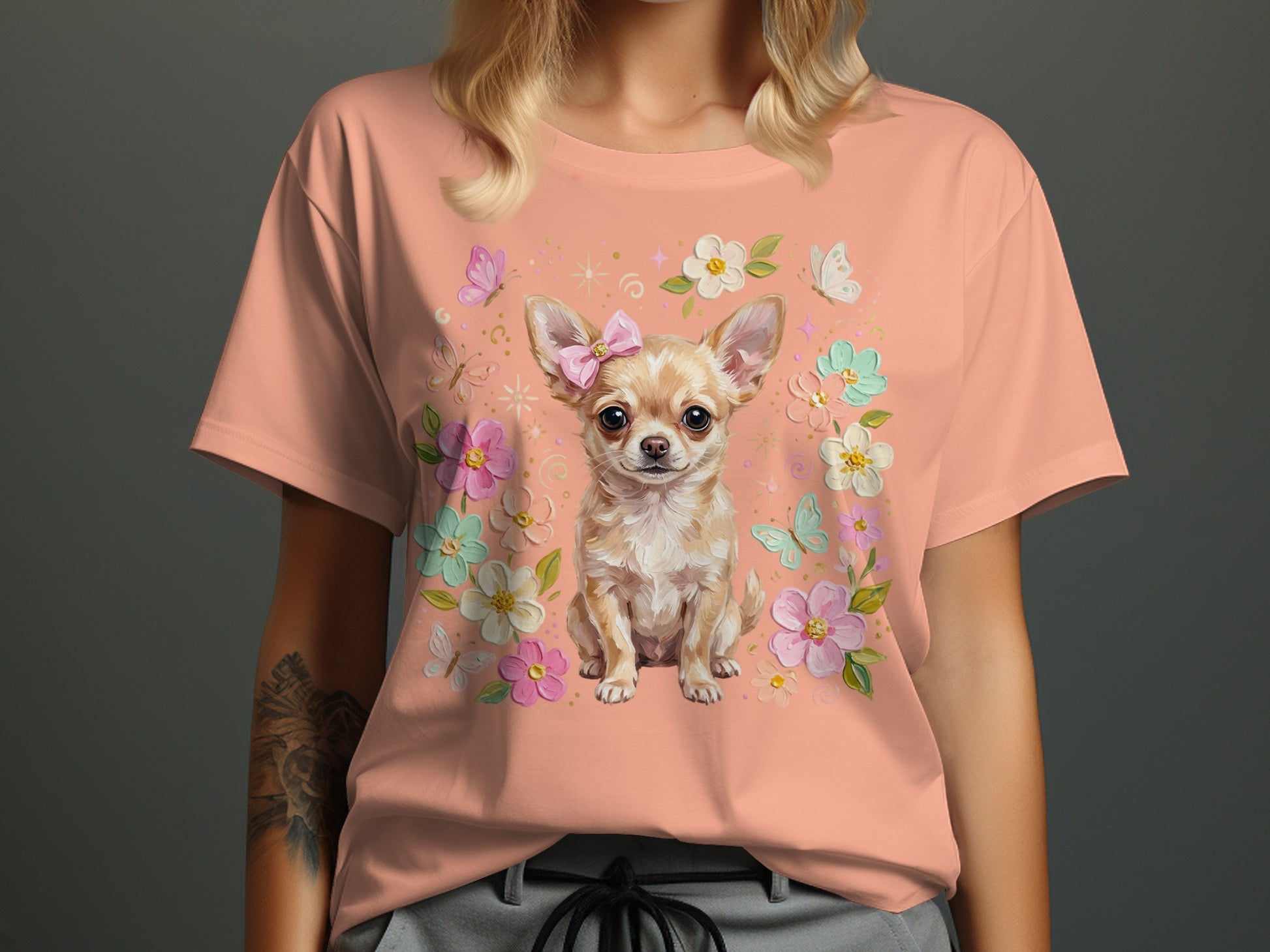 Chihuahua wearing a pink bow, surrounded by flowers and butterflies.