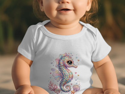 White baby onesie with a colorful seahorse, shell, and coral design.