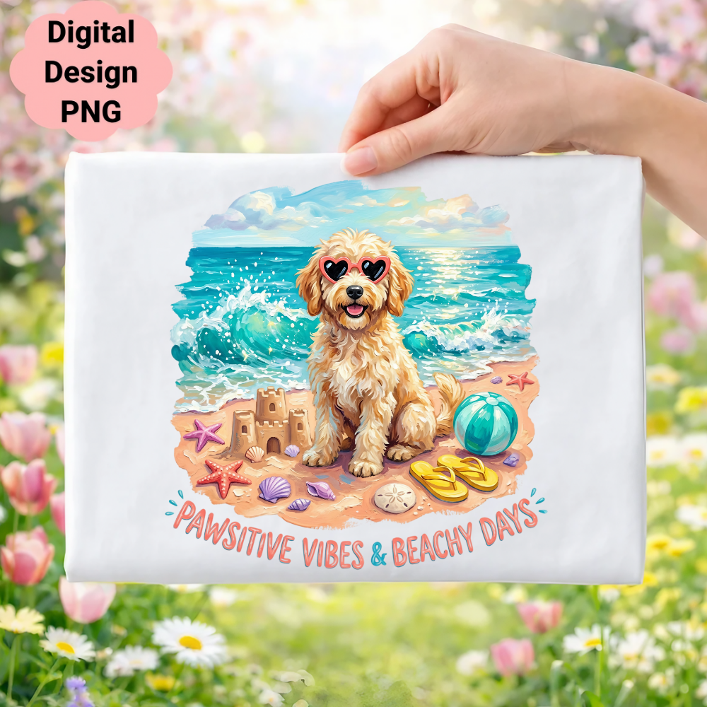 Dog wearing heart sunglasses at the beach with text "Pawsitive Vibes & Beachy Days".