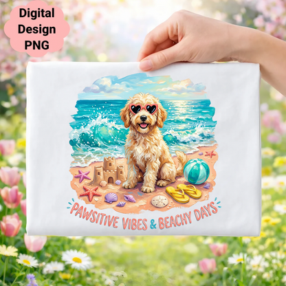 Dog wearing heart sunglasses at the beach with text "Pawsitive Vibes & Beachy Days".
