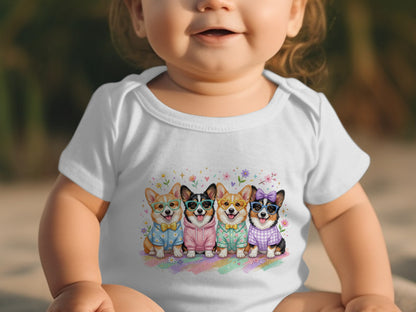 Four cartoon corgis wearing glasses and sweaters on a white baby onesie.