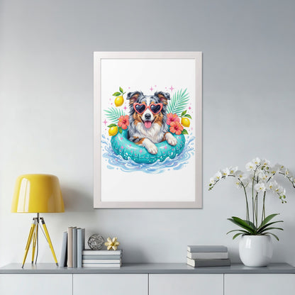 Dog wearing heart sunglasses floats in a blue inner tube with lemons and palm leaves.
