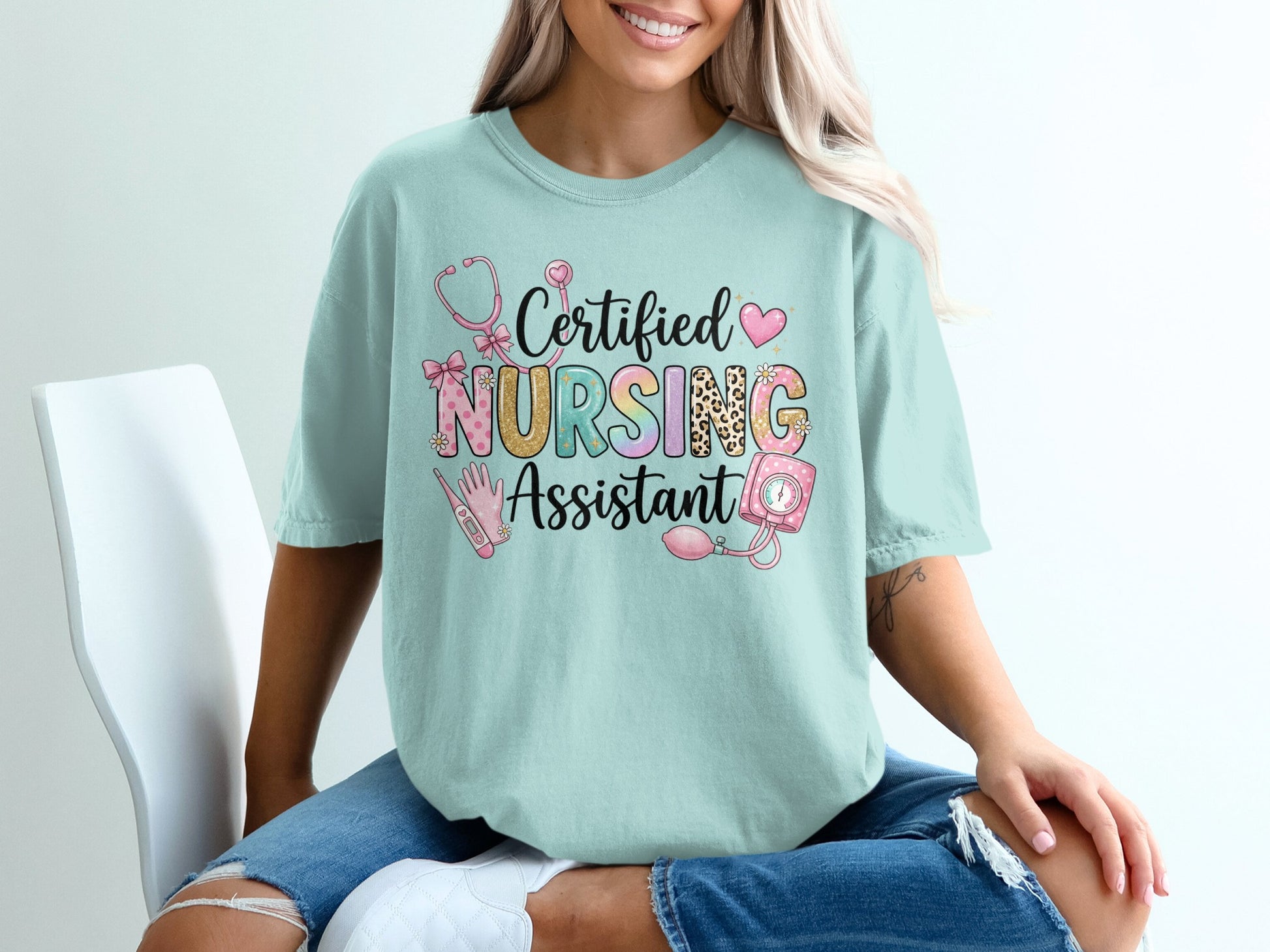 Certified Nursing Assistant text with stethoscope, blood pressure cuff, and leopard print.