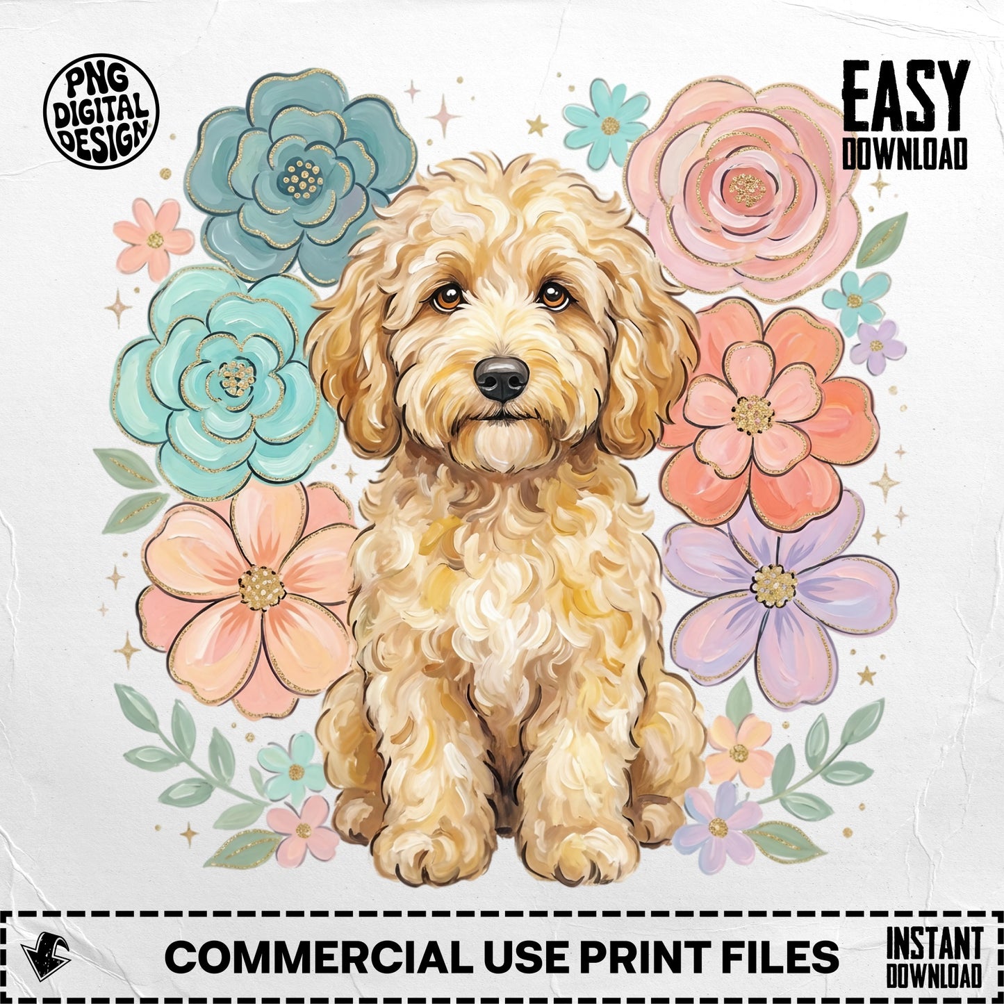 Fluffy golden doodle dog surrounded by pastel flowers and glitter.