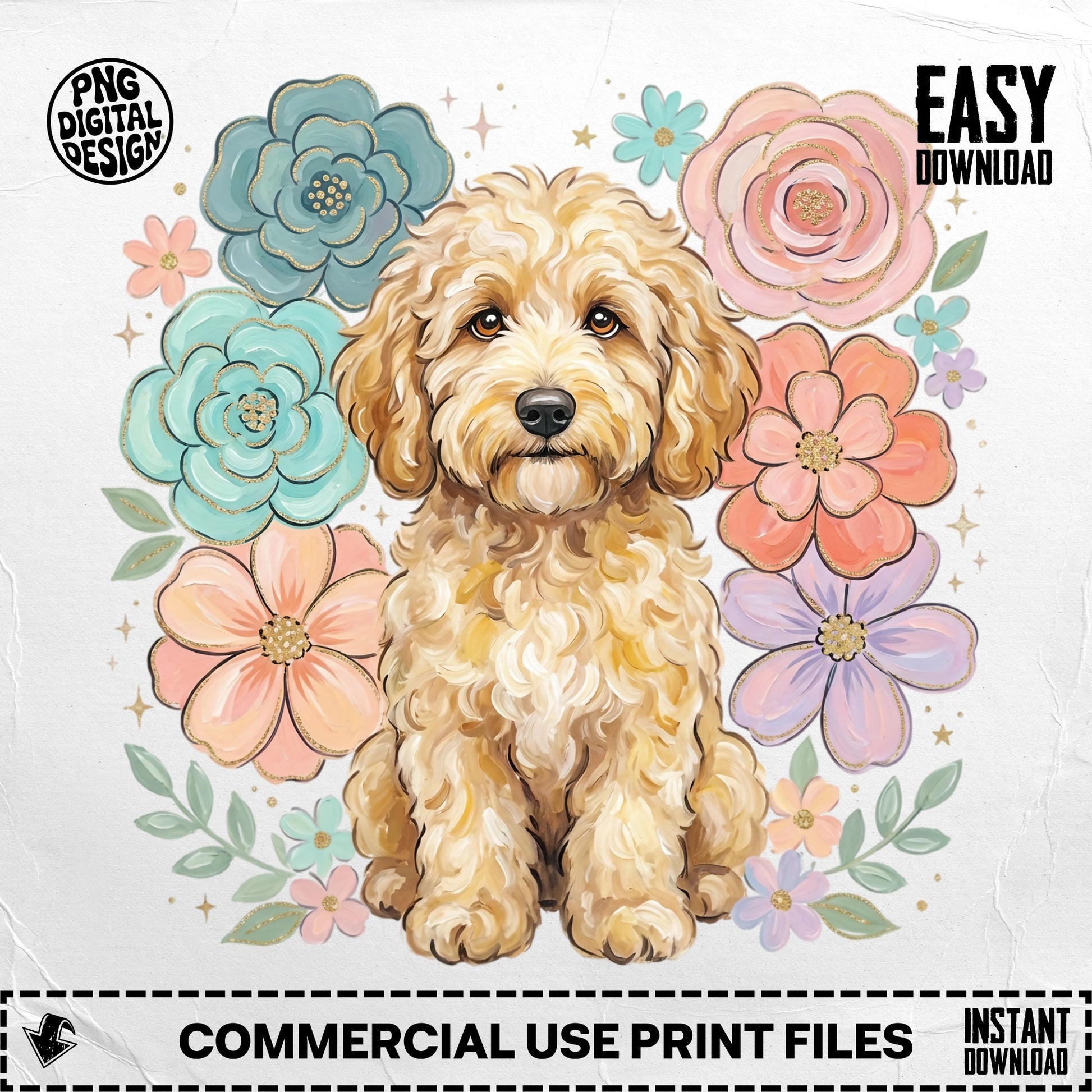 Fluffy golden doodle dog surrounded by pastel flowers and glitter.