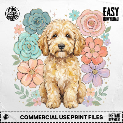 Fluffy golden doodle dog surrounded by pastel flowers and glitter.