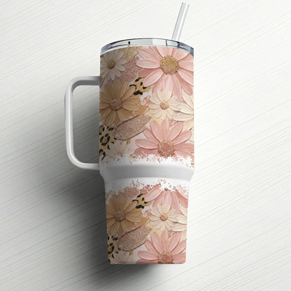Floral and leopard print tumbler with straw.